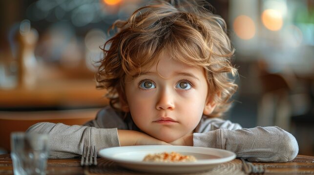 A young boy with curly hair sits at a dining table, looking intently and with a curious expression at a plate of untouched food, depicting the innocence and curiosity of childhood.