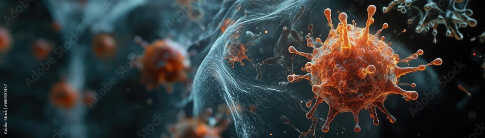 Poster Close-up view of a virus particle, showcasing its intricate structure and vibrant colors against a scientific background.