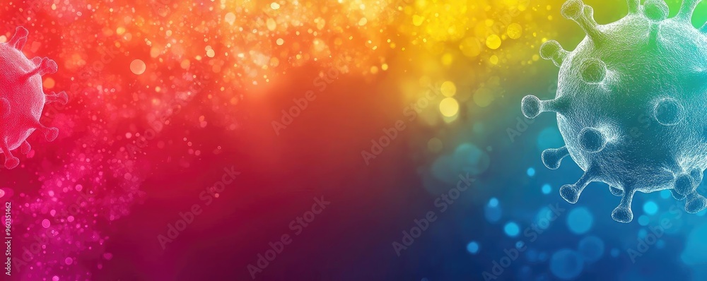 Poster Vibrant abstract background with colorful bokeh and virus motifs. Perfect for healthcare and scientific themes.