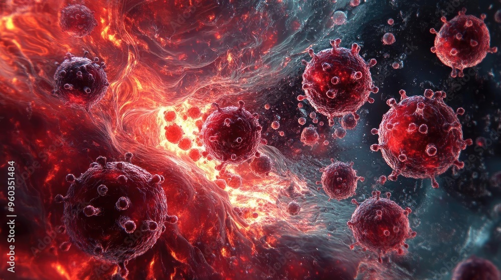 Poster a vivid illustration of viruses in a dynamic, abstract space, highlighting intricate details and vib