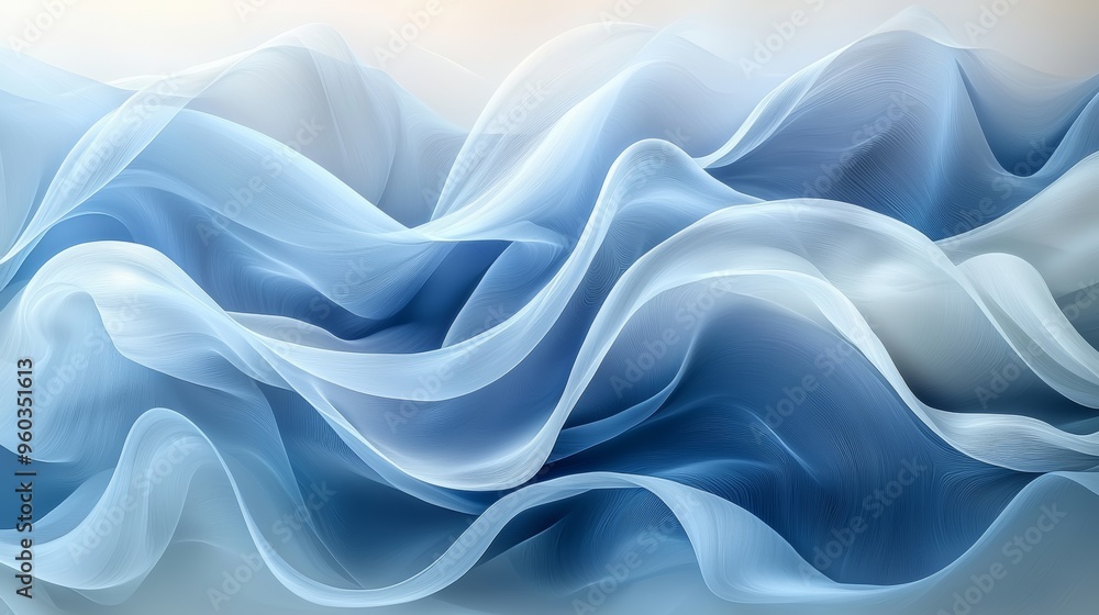Poster flowing waves of translucent fabric in soft blue tones create a serene and calming visual experience