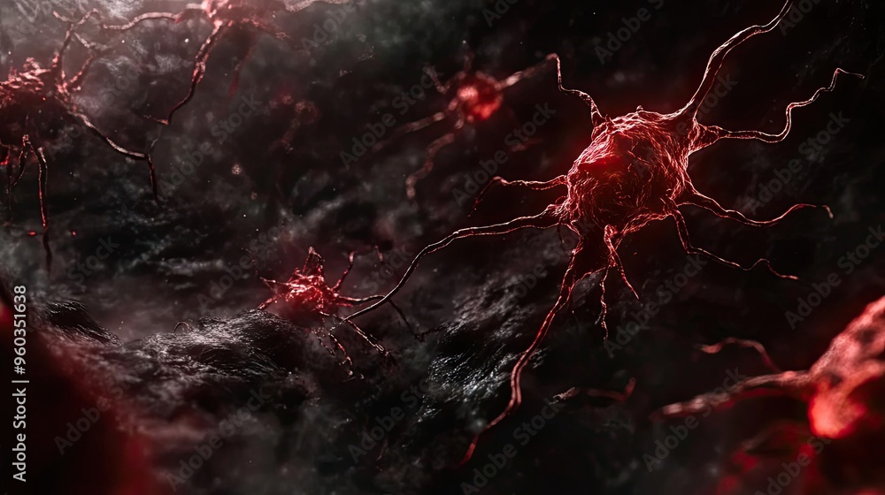 Poster Dynamic abstract representation of biological cells in red tones, showcasing intricate structures and movement within a dark environment.