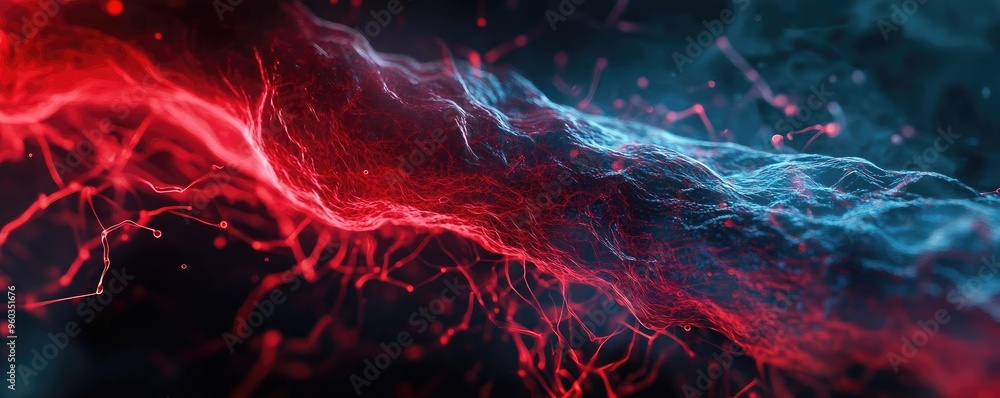 Poster vibrant abstract image showcasing dynamic red and blue streams of light. perfect for technology, ene
