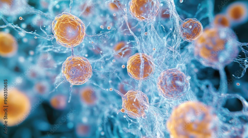 Poster Detailed microscopic view of colorful cells showcasing intricate structures and connections, ideal for scientific illustrations.
