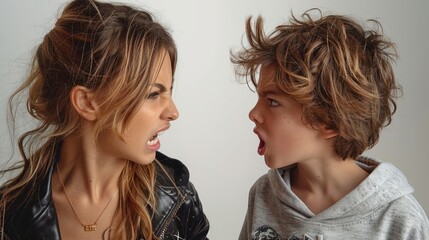 A mother and son, both with expressive, angry faces and tousled hair, confront each other in frustration, highlighting a dramatic moment of familial tension and conflict.
