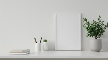 A white desk with a white computer mouse, a white cup, a white book, a white picture frame, and a potted plant