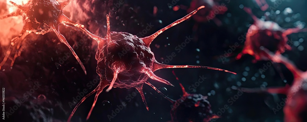 Poster close-up view of vibrant red and black cells illustrating biological structures in a microscopic env
