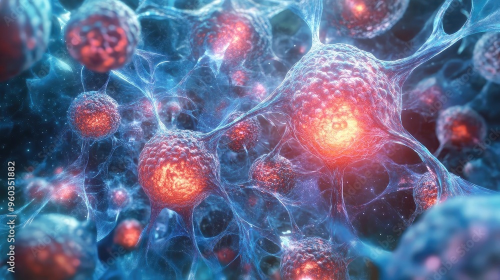 Poster abstract depiction of glowing cells in vibrant colors, illustrating the complex structure of biologi