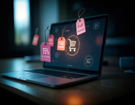 a laptop with shopping cart icon displayed on the screen and discount tags floating arround it on a table