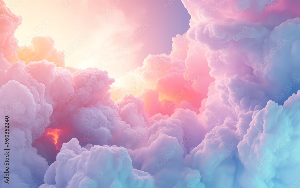 Poster a vibrant display of colorful clouds illuminated by sunlight, creating a serene and dreamy atmospher