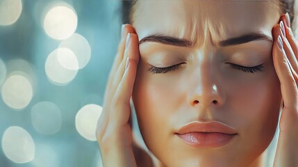 A woman experiencing stress and discomfort, gently holding her head while eyes are closed, reflecting a moment of self-care.