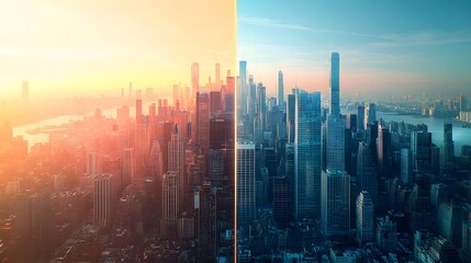 Fototapeta premium Red or Blue Visual of a city divided by economic policy lines, illustrating the impact of different economic approaches, concept of urban economic divergence