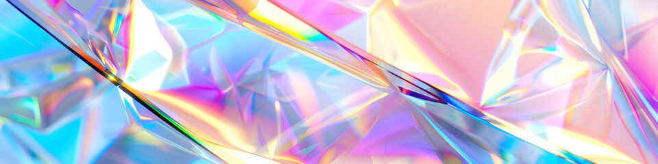 Abstract holographic texture of geometric crystals in Y2K style. Macro 3d render of transparent glass, mineral, plastic. Sharp iridescent sleek surface. Trendy pink and blue colorful futuristic banner