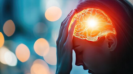 A person experiences a headache with a glowing brain overlay, symbolizing stress and mental health struggles in a busy environment.