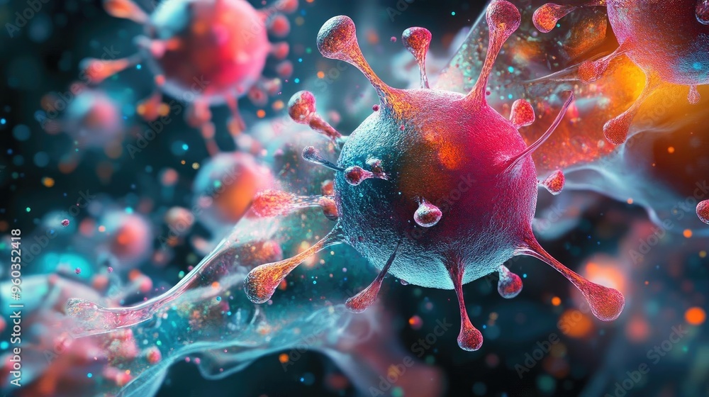 Poster close-up of a colorful virus particle with intricate details, showcasing a dynamic and vibrant micro