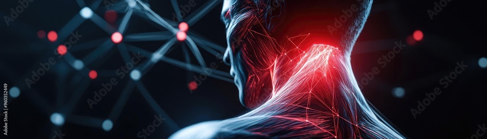 Poster a close-up view of a human neck with glowing lines representing neural pathways, emphasizing anatomy
