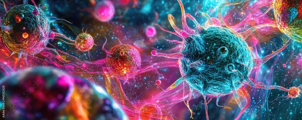 Poster Microscopic view of vibrant bacteria with intricate details, featuring colorful and dynamic shapes in a surreal composition.