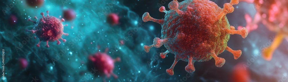 Poster Colorful depiction of a virus, showcasing its intricate structures and surrounding environment in a microscopic view.