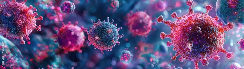 Aufkleber Colorful and detailed depiction of viruses under a microscope, showcasing their unique structures and intricate features.