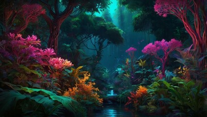 Naklejka premium A magical jungle scene with vibrant flowers and a stream.