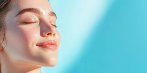 Closeup of woman with glossy, hydrated skin after using facial oil, glowing effect, soft lighting, skincare results