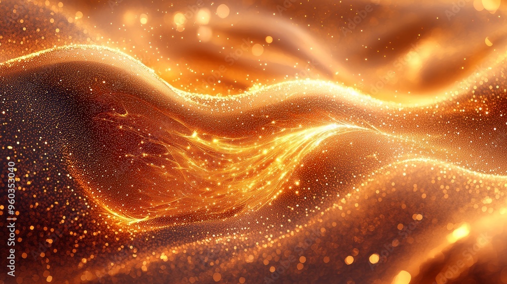 Poster luminous golden waves of light ripple across a textured surface creating an ethereal atmosphere duri