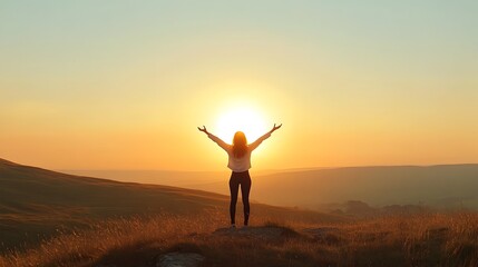 Silhouetted Woman Raising Arms at Scenic Sunrise on Hilltop Symbolizing Mindful Wellness