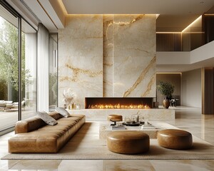 Opulent Elegance in Contemporary Living Room with Marble Fireplace and Gold Accents