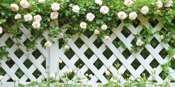 White lattice fence covered in pink roses.