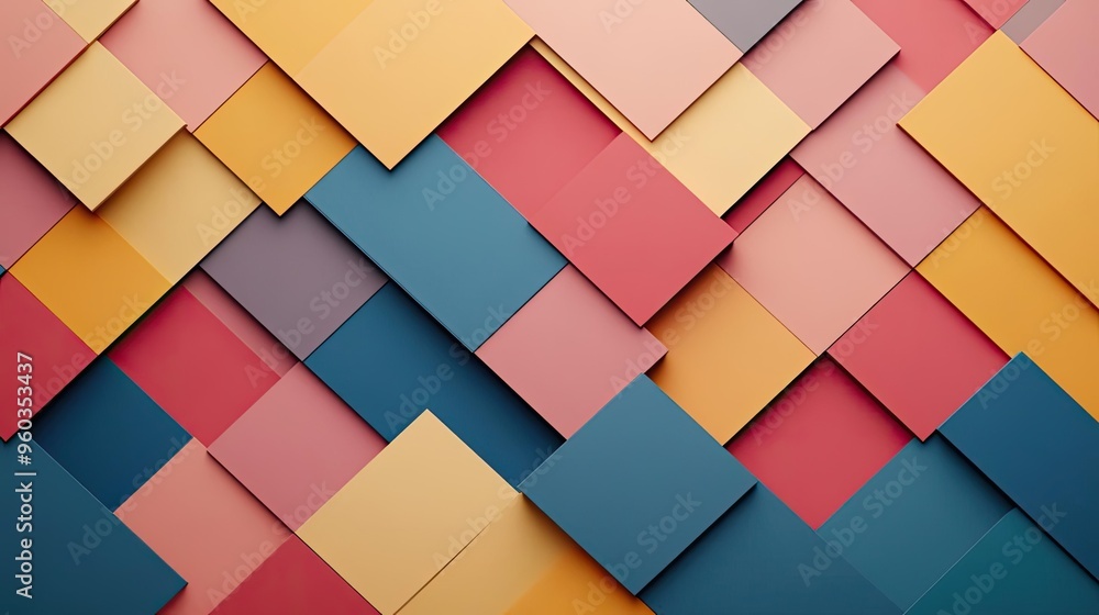 Poster a vibrant arrangement of colorful geometric shapes layered together, creating a modern and artistic 
