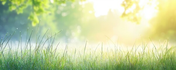 Fototapeta premium Misty morning meadow, dew-covered grass, soft light filtering through trees, Watercolor style
