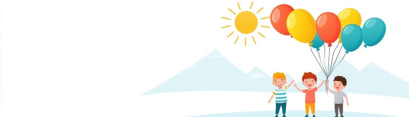 Kids with balloons, bright sky and sunshine, happiness and joy, flat design illustration