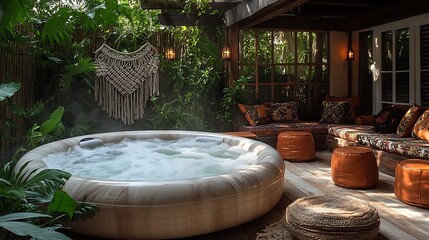 A boho-chic backyard featuring a rustic hot tub, surrounded by vibrant patterned cushions, macram&eacute; decor, and lush greenery, soft ambient lighting from hanging lanterns,