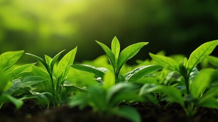 Vibrant green plants emerging from the soil, reflecting growth and new beginnings in a natural light setting.