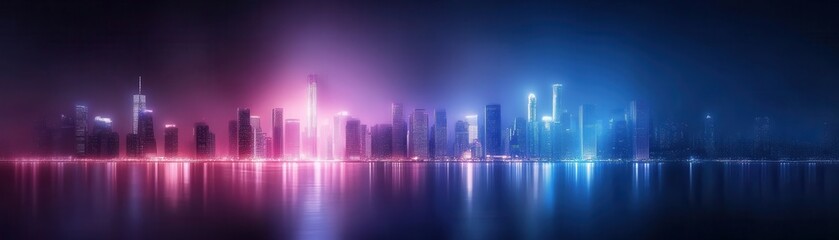 Fototapeta premium Vibrant city skyline with colorful lights reflecting on water at night, showcasing modern architecture and urban beauty.