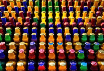 Obraz premium vibrant colorful beer bottles artfully arranged lively displays showcasing spectrum hues unique designs, collection, shapes, glass, craft, labels, styles