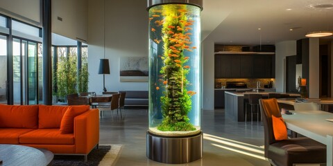 Modern living room with large fish tank.