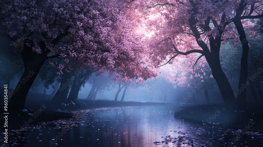 Wall mural serene misty forest with pink blossoms