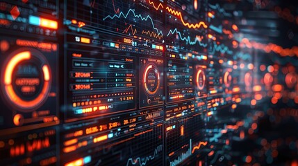 Digital analytics data visualization, financial schedule, monitor screen in perspective