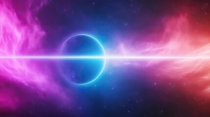 Obraz premium A vibrant cosmic scene featuring a glowing planet surrounded by colorful nebulae and starlit space for your creative projects.