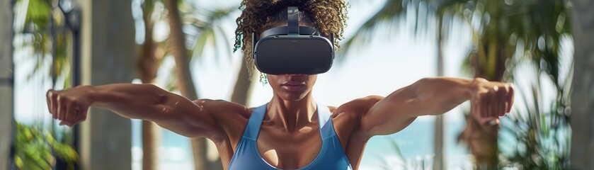 Naklejka premium Woman exercising in virtual reality headset, enjoying VR fitness workout with tropical background, high-tech fitness concept.