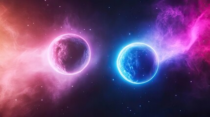 Obraz premium A vibrant cosmic scene featuring two glowing planets amidst colorful nebulae, showcasing the beauty of the universe.