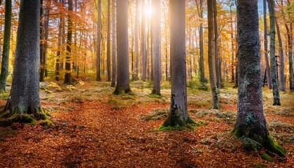 A stunning view of a dense forest with towering trees and a carpet of colorful autumn leaves, creating a magical, enchanting scene