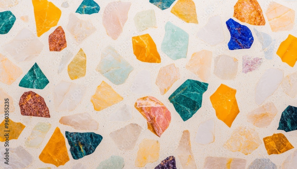 Poster a colorful array of gemstones and crystals embedded in a light surface, showcasing natural beauty an
