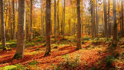 Obraz premium A stunning view of a dense forest with towering trees and a carpet of colorful autumn leaves, creating a magical, enchanting scene