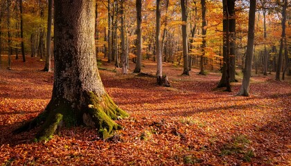 A stunning view of a dense forest with towering trees and a carpet of colorful autumn leaves, creating a magical, enchanting scene