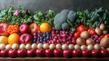 A vibrant display of assorted fruits and vegetables arranged neatly.