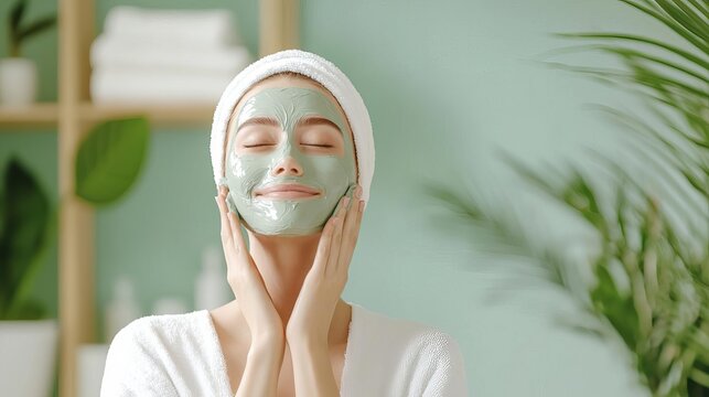 Young woman applying a clay mask, selfcare routine, soft lighting, bathroom setting, natural beauty, skincare ritual