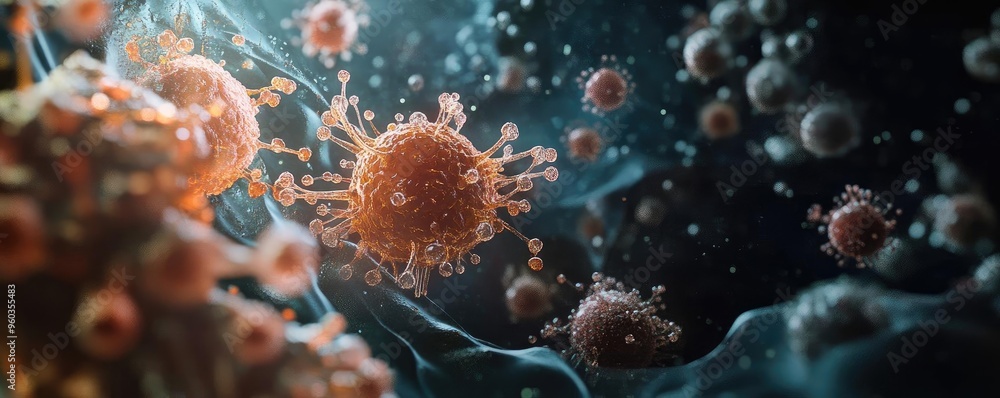 Poster Close-up view of virus particles in a dark environment, illustrating the intricate details and structures of microorganisms.