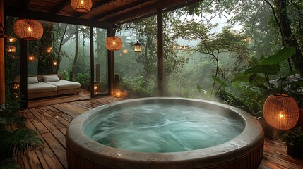 A cozy hot tub elevated among the treetops, offering a stunning bird's-eye view of the forest below, surrounded by lush greenery and hanging lanterns casting a warm glow,
